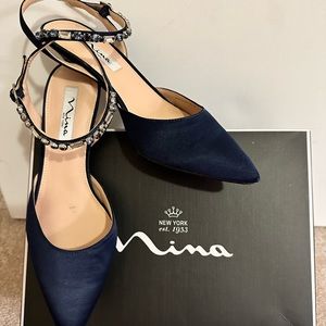 Nina satin navy luster, sapphire and rhinestone strap back out round toe heel